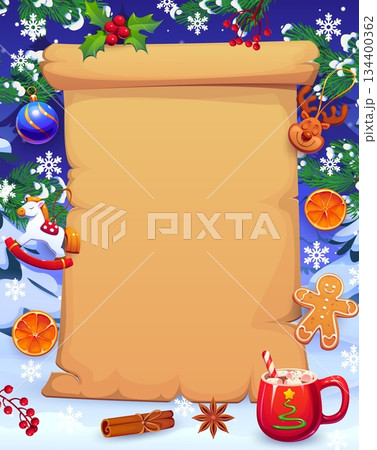 Merry Christmas old scroll with Xmas tree branches and ornaments vector background frame. Cartoon parchment paper scroll with holly, snowflakes, gingerbread man and coffee cup, Christmas greeting card 134400362