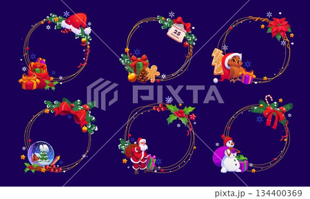 Christmas frames with holiday decorations and characters for winter greetings, cartoon vector. Christmas frames of Xmas wreath poinsettia and holly, snowman and gingerbread cookie man with Santa gifts Christmas frames with holiday decorations and characters for winter greetings, cartoon vector. Christmas frames of Xmas wreath poinsettia and holly, snowman and gingerbread cookie man with Santa gifts 134400369