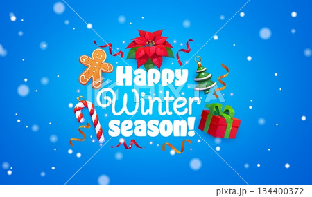 Christmas greeting card with Happy winter season holiday quote, vector decorations. Christmas greeting wish quote with gingerbread cookie man, poinsettia and Xmas tree with Santa gift and tinsel 134400372
