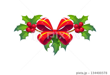 Christmas celebration cartoon holly leaf and berry decoration. Winter holiday, merry Christmas celebration isolated vector plant decoration. Xmas festive holly leaves, red berries and ribbon bow 134400378