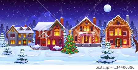 Night winter town landscape with Christmas holiday village houses, cartoon vector background. Winter town houses in snow decorated with Xmas lights on windows and Christmas tree baubles decorations 134400386