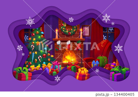 Paper cut Merry Christmas greeting card with home fireplace and Xmas pine tree interior vector background. Cartoon Christmas house living room 3d greeting card with paper cut frame and snowflakes Paper cut Merry Christmas greeting card with home fireplace and Xmas pine tree interior vector background. Cartoon Christmas house living room 3d greeting card with paper cut frame and snowflakes 134400405