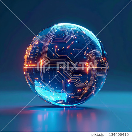 Illustration of a bright blue globe and technology design. 134400410
