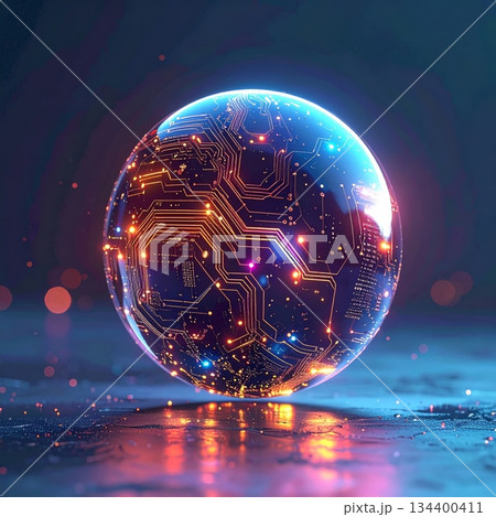 Illustration of a bright blue globe and technology design. 134400411