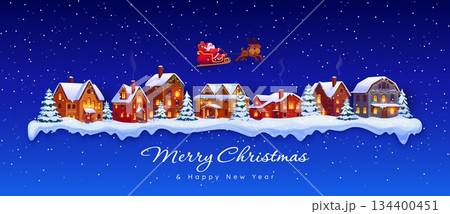 Christmas winter snowbound town or village landscape with flying Santa on sleigh. Vector Merry Christmas greeting card with Noel flying in sled over cityscape with houses or pines at holiday eve night Christmas winter snowbound town or village landscape with flying Santa on sleigh. Vector Merry Christmas greeting card with Noel flying in sled over cityscape with houses or pines at holiday eve night 134400451