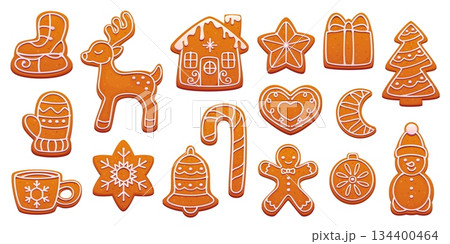 Cartoon Christmas gingerbread cookies, vector Xmas ginger bread cakes. Christmas winter holidays gingerbread man, house, candy cane and gift box, Xmas tree, heart, moon and star cookies with icing Cartoon Christmas gingerbread cookies, vector Xmas ginger bread cakes. Christmas winter holidays gingerbread man, house, candy cane and gift box, Xmas tree, heart, moon and star cookies with icing 134400464