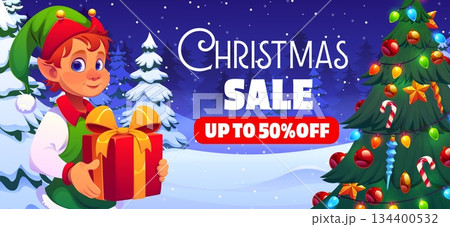 Christmas sale banner with elf and Santa gifts for winter holiday discount promo, cartoon vector. Christmas sale off for shop or store promotion offer with Xmas tree in snowy forest 134400532