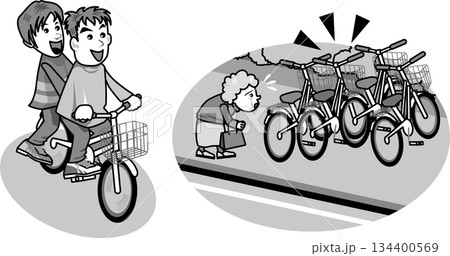 自転車＜通行ルール・2人乗りと迷惑駐輪や放置自転車・モノクロ・一色・白黒＞ 134400569