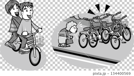Bicycles <Traffic rules, riding two people on a bicycle, nuisance parking and abandoned bicycles, monochrome, solid color, black and white> 134400569