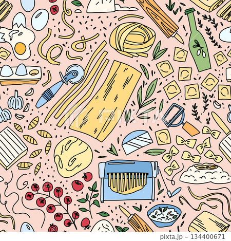Hand-Drawn Italian Pasta Making Ingredients and Tools Background, Italian Pasta Ingredients 134400671