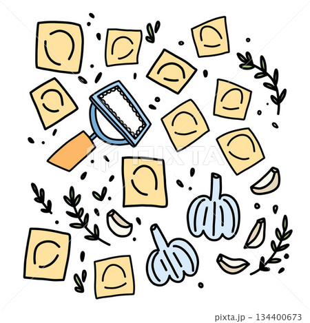 Set of ravioli with garlic and herb filling, stamp for cutting out dough, Italian home cooking Set of ravioli with garlic and herb filling, stamp for cutting out dough, Italian home cooking 134400673