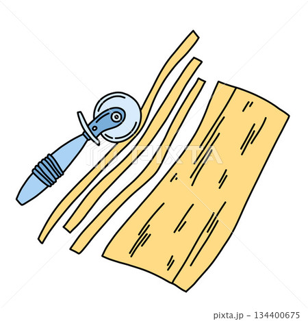 A dough roller cuts a thin sheet of dough into strips, the process of making pasta, noodles 134400675