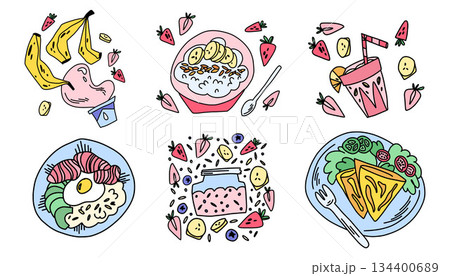 A large collection of varied healthy breakfasts with granola, porridge, omelettes and bowls 134400689