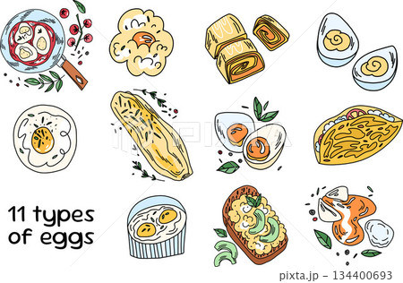 A large selection of eggs prepared in various ways. Fried eggs, omelettes, and boiled eggs A large selection of eggs prepared in various ways. Fried eggs, omelettes, and boiled eggs 134400693