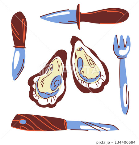 A composition with oysters and oyster eating utensils. Oyster knives, a shellfish fork 134400694