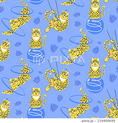 A playful leopard print pattern with cartoon characters among circus equipment in blue and yellow A playful leopard print pattern with cartoon characters among circus equipment in blue and yellow 134400699