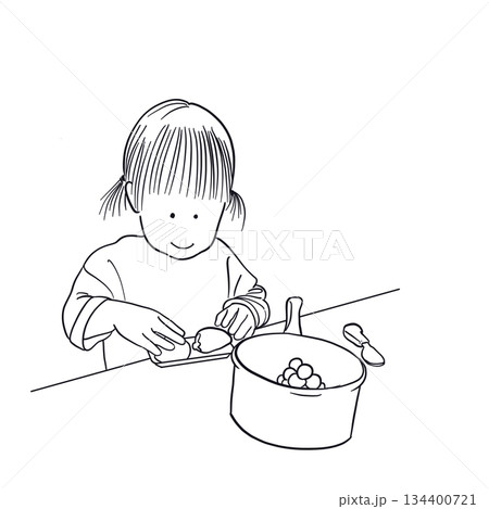 おままごとをする子どもの線画｜Child playing pretend cooking line  134400721