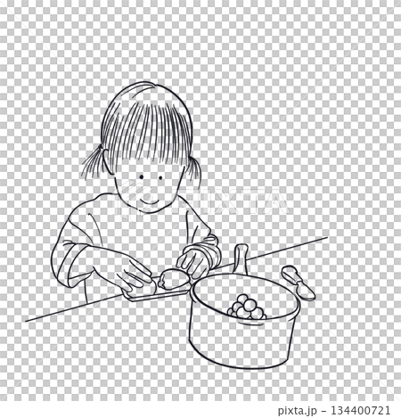 おままごとをする子どもの線画｜Child playing pretend cooking line  134400721