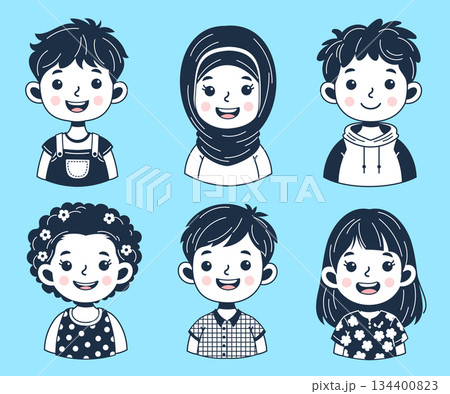 Collection of avatars featuring cheerful children outline. Cute faces of different nationalities boys and girls 134400823