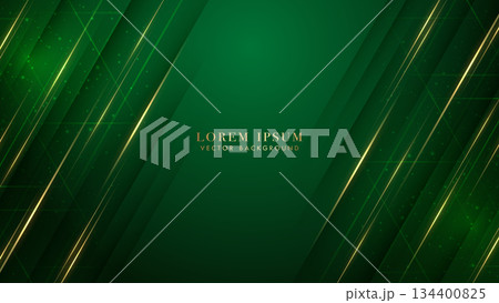 Green luxury background with triangle shape, diagonal golden lines, and glittering light effects 134400825