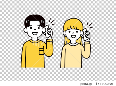 スマートフォンで話す・通話する、10代・20代の男性と女性の上半身ベクターイラスト素材セット 134400856