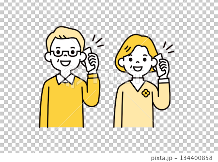 スマートフォンで話す・通話する、おじいさん・おばあさんの上半身ベクターイラスト素材セット 134400858