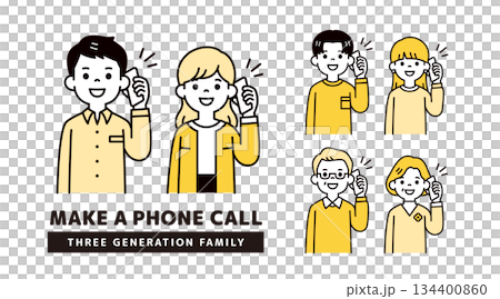 スマートフォンで話す・通話する、様々な年代の男女・夫婦の上半身ベクターイラスト素材セット 134400860