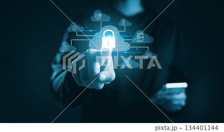 Hand touching cloud security interface lock icon represents cloud computing protection, data encryption secure network, cybersecurity solutions modern business, online systems, digital infrastructure Hand touching cloud security interface lock icon represents cloud computing protection, data encryption secure network, cybersecurity solutions modern business, online systems, digital infrastructure 134401144