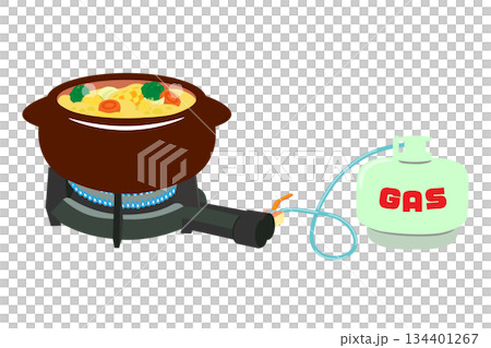 Illustration of cream stew made in a clay pot on a cast iron stove 134401267