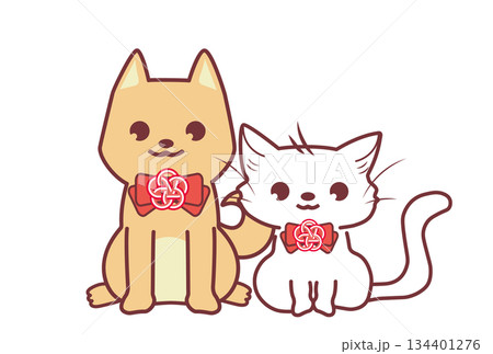 和風の花結びのリボンをつけた仔犬と仔猫がお座りするイラスト 134401276