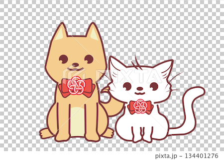 一幅描繪小狗和小貓坐在日式花結絲帶旁的插圖 134401276