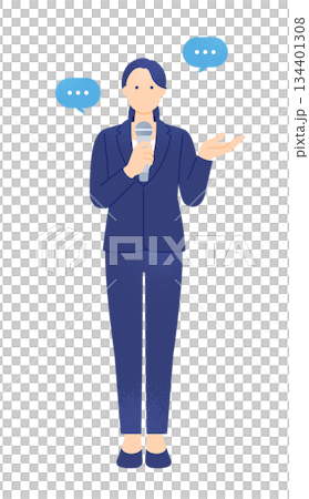 A woman giving a speech at an event or lecture. Vector illustration of a lecturer speaking with a microphone. A woman giving a speech at an event or lecture. Vector illustration of a lecturer speaking with a microphone. 134401308