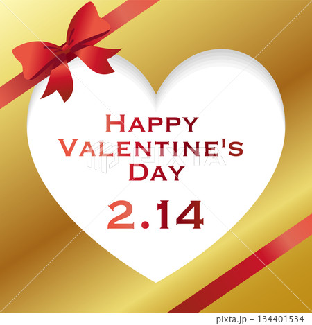 赤いリボンとハートのフレーム素材。「Happy Valentine's Day 2.14」の文字。 赤いリボンとハートのフレーム素材。「Happy Valentine's Day 2.14」の文字。 134401534