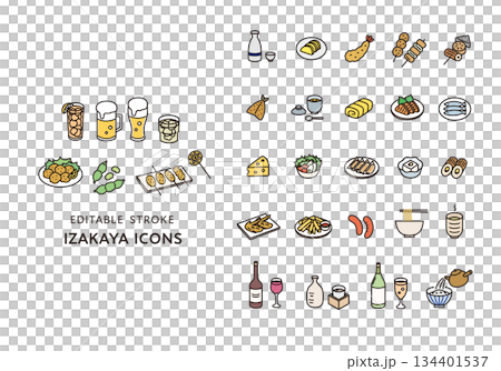 居酒屋の食べ物や飲み物のアイコンセット（カラー） 134401537