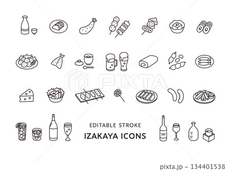 居酒屋の食べ物や飲み物のアイコンセット（モノクロ） 134401538