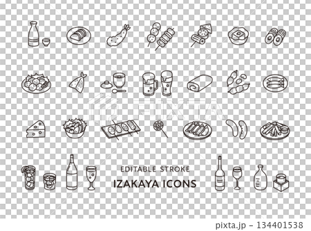 居酒屋の食べ物や飲み物のアイコンセット（モノクロ） 134401538