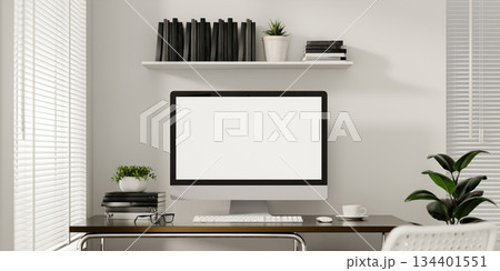 Minimalist home office with a computer and organized bookshelves. 3D render illustration Minimalist home office with a computer and organized bookshelves. 3D render illustration 134401551