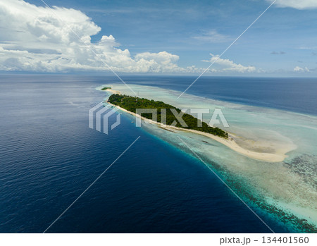 Aerial view of island Mataking with coral reef and atoll. Tun Sakaran Marine Park. Borneo, Sabah, Malaysia. 134401560