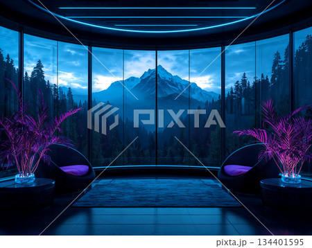 Sci-fi style room interior with panoramic window view of majestic mountains and forest, blue ambient light and purple neon plants, futuristic relaxation space concept, 3D illustration. 134401595
