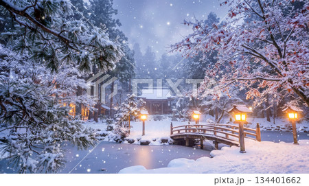 雪降る神社 134401662