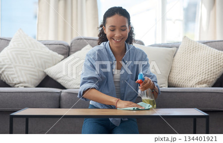 Happy woman, cleaner and spray bottle, wipe table with detergent and chemical disinfectant with housekeeping. Spring cleaning, service and female housekeeper with smile, liquid soap and clean house Happy woman, cleaner and spray bottle, wipe table with detergent and chemical disinfectant with housekeeping. Spring cleaning, service and female housekeeper with smile, liquid soap and clean house 134401921
