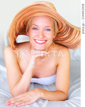Relax, bikini and portrait of woman on sunbed at hotel for sunbathing, summer and tropical Bali vacation. Villa, resort and spa with girl lounge for wellness, travel destination and luxury on trip 134401936