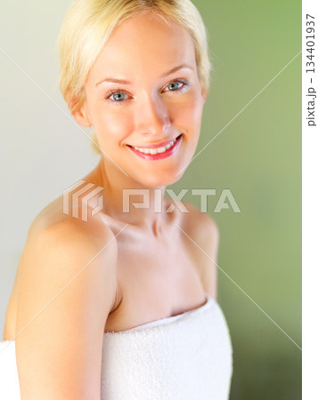 Skincare, beauty and portrait of woman in bathroom for shower, cleaning and hygiene. Wellness, luxury and cosmetology with face of girl and towel for dermatology, cosmetics and facial at home 134401937