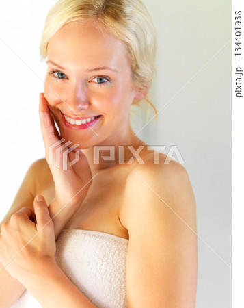Skincare, beauty and portrait of woman in bathroom for shower, cleaning and hygiene. Wellness, luxury and cosmetology with face of girl and towel for dermatology, cosmetics and facial at home Skincare, beauty and portrait of woman in bathroom for shower, cleaning and hygiene. Wellness, luxury and cosmetology with face of girl and towel for dermatology, cosmetics and facial at home 134401938