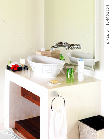 Empty room, sink and mirror in bathroom with interior design for luxury, villa and furniture with nobody. Airbnb, hotel and hospitality with washroom of resort for real estate, architecture and spa 134401958