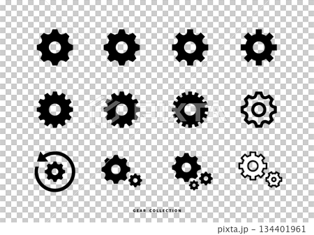 システムや設定を表す歯車アイコンのシンプルシンボルセット（12点） 134401961