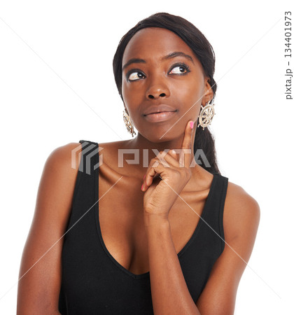 Thinking, idea and confused with face of black woman for announcement, deal and designer. Creative, contemplating and elegant with girl isolated on white background for modern, advertising and real Thinking, idea and confused with face of black woman for announcement, deal and designer. Creative, contemplating and elegant with girl isolated on white background for modern, advertising and real 134401973