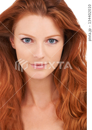 Beauty, ginger and portrait of woman in studio for natural makeup, cosmetics and skincare. Shampoo, hairstyle and confident with face of model isolated on white background for spa and self care Beauty, ginger and portrait of woman in studio for natural makeup, cosmetics and skincare. Shampoo, hairstyle and confident with face of model isolated on white background for spa and self care 134402010