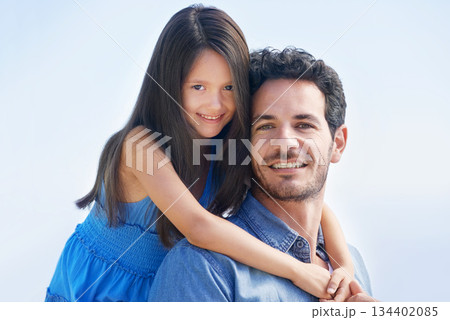 Happy family father, sky and kid hug dad for fathers day, outdoor fun and spending quality time together. Happiness, youth smile and daughter care, bonding and hugging papa for piggyback ride Happy family father, sky and kid hug dad for fathers day, outdoor fun and spending quality time together. Happiness, youth smile and daughter care, bonding and hugging papa for piggyback ride 134402085