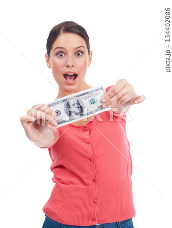 Winner, wow and money with portrait of woman for investment, success and growth. Cash, dollar and sale with face of girl customer isolated on white background for financial, deal and promotion Winner, wow and money with portrait of woman for investment, success and growth. Cash, dollar and sale with face of girl customer isolated on white background for financial, deal and promotion 134402086
